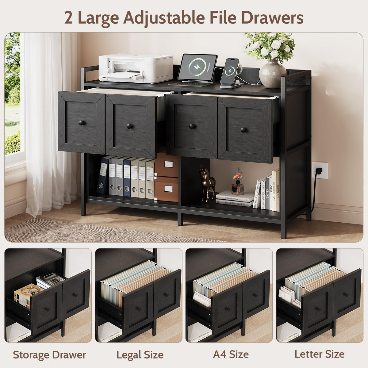 Black 2 Drawer Wood File Cabinet with Power Outlet J748