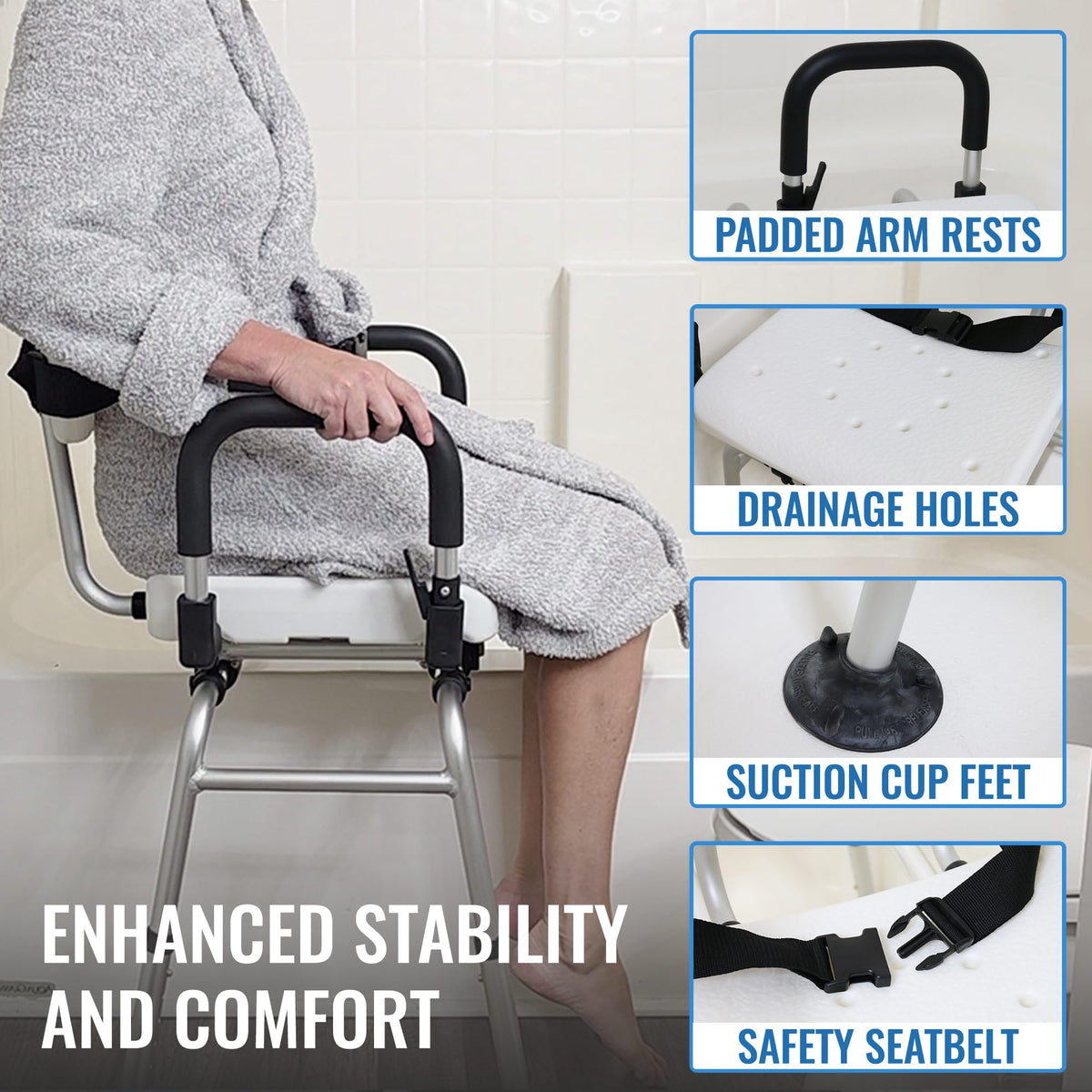 Extra-Wide 360lb Capacity Non-Slip Padded Shower Chair & Transfer Bench M511
