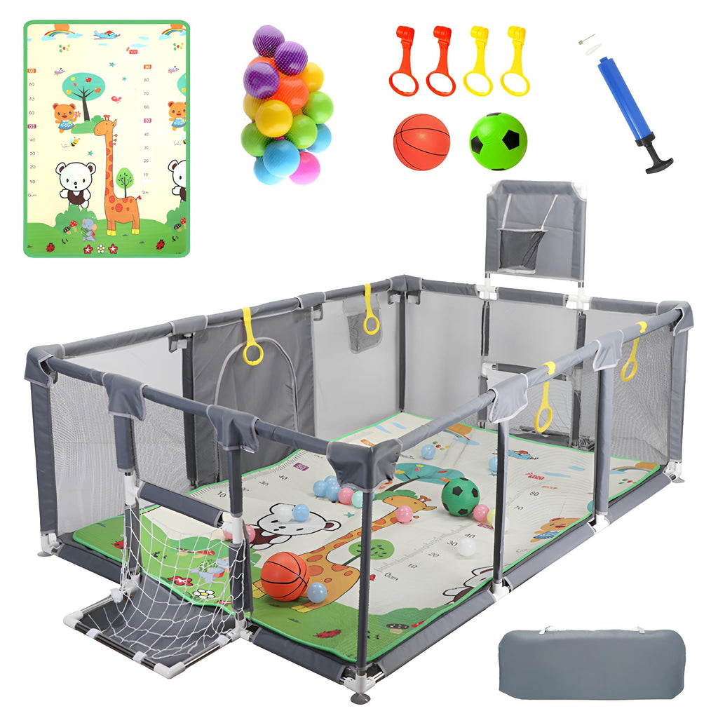 Large Baby Playpen with Foldable Mat, Basketball Hoop, Soccer Nets, 20 Balls, 4 Pull-Up Rings L76345