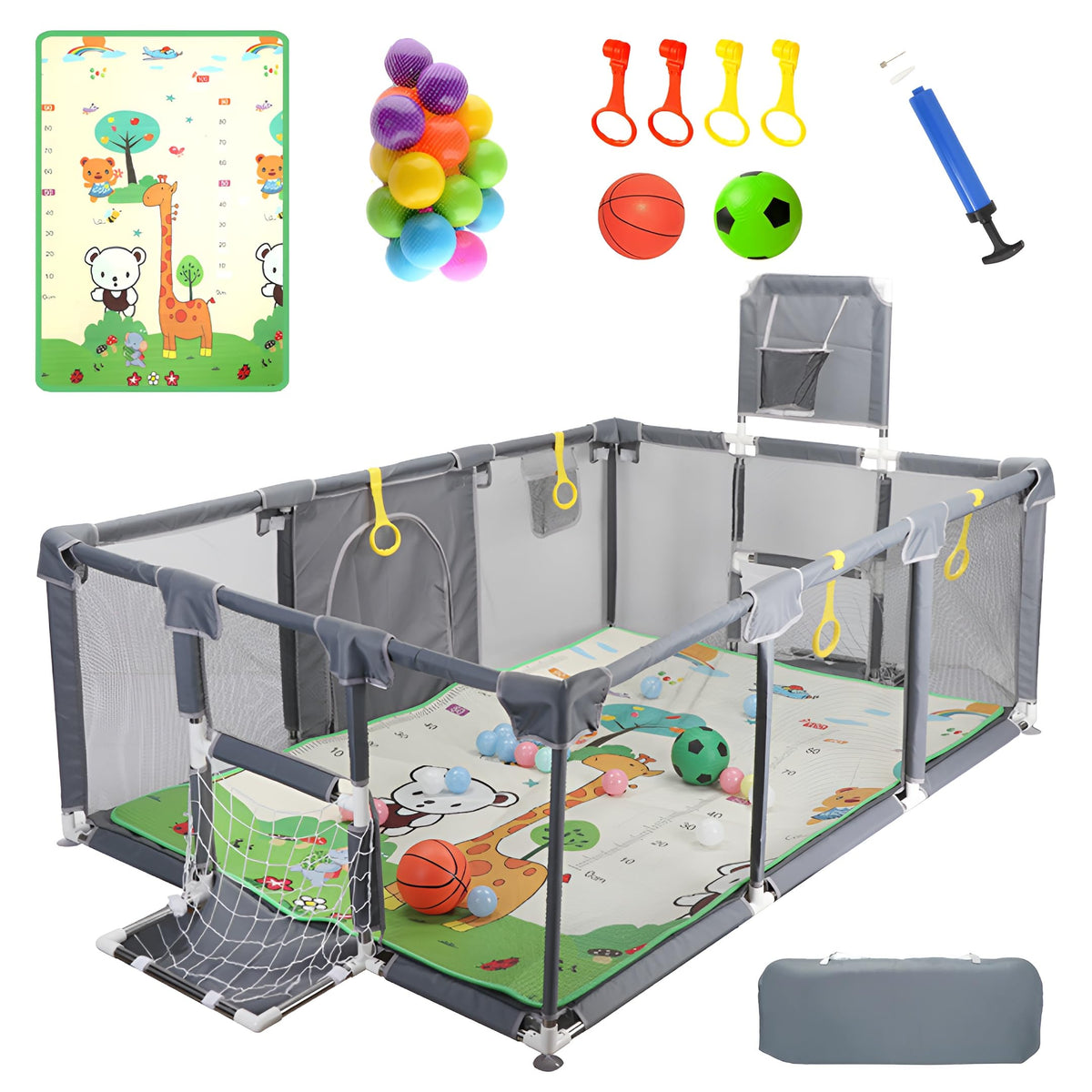 Large Baby Playpen with Foldable Mat, Basketball Hoop, Soccer Nets, 20 Balls, 4 Pull-Up Rings L76345