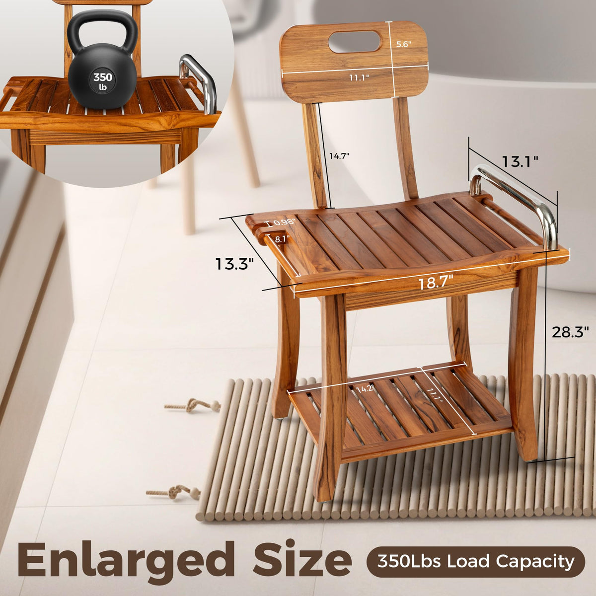 Teak Shower Bench with Handles and Backrest C4552