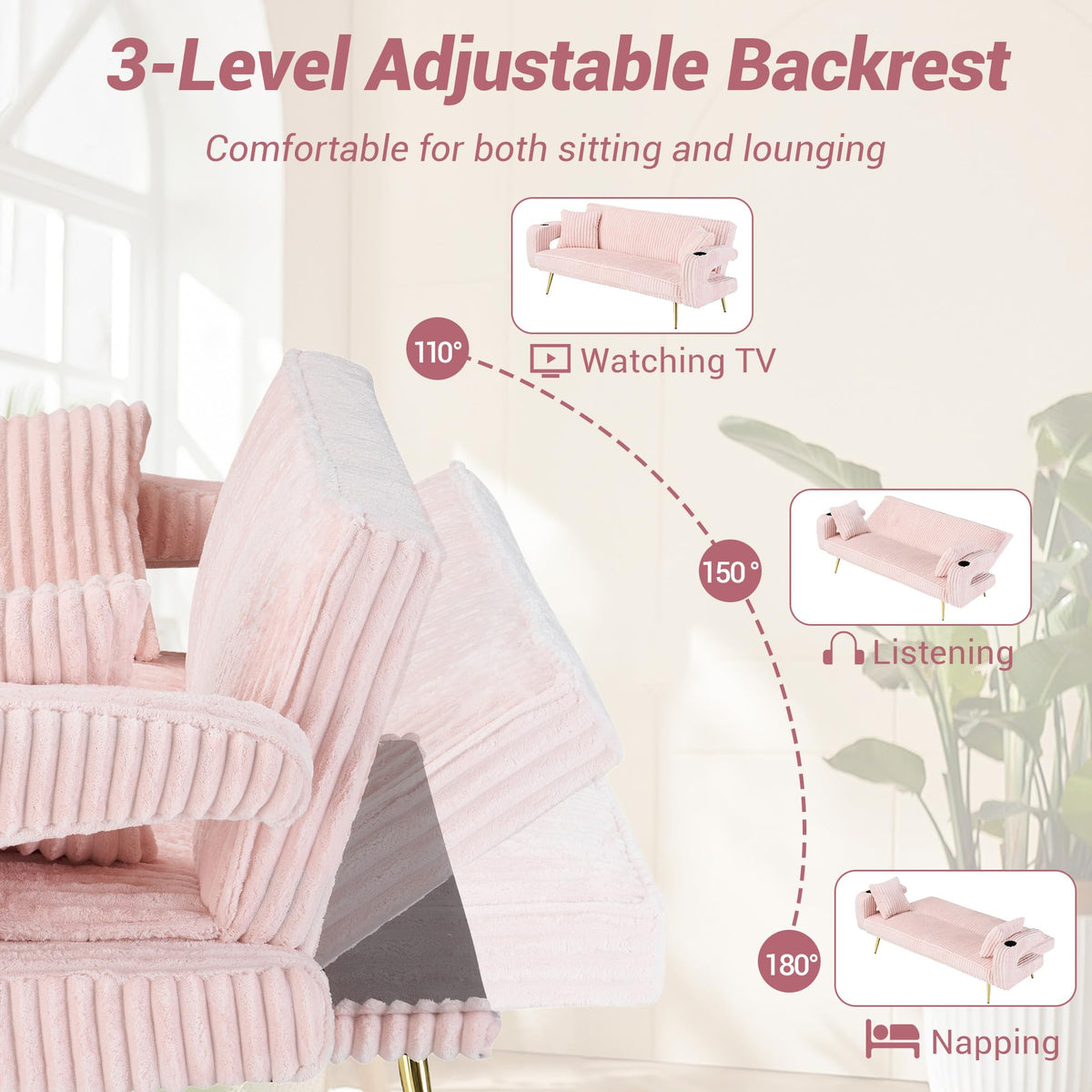 74" Pink Corduroy Convertible Sofa Bed with Cup Holder E184