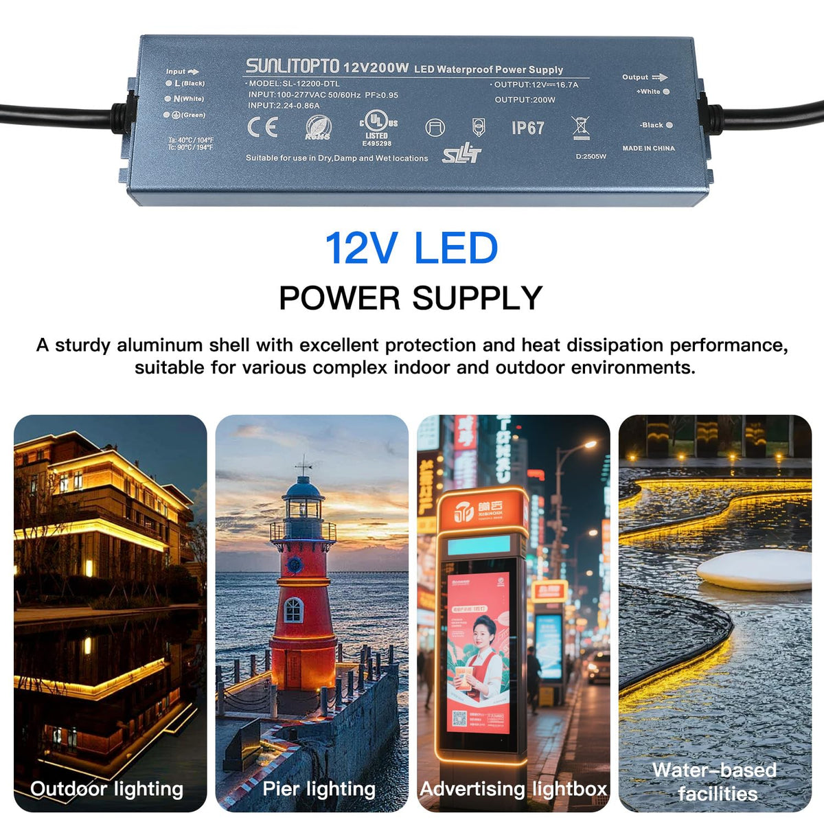 200W IP67 Waterproof LED Driver Power Supply Transformer J1421