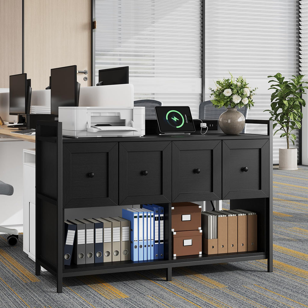 Black 2 Drawer Wood File Cabinet with Power Outlet J748
