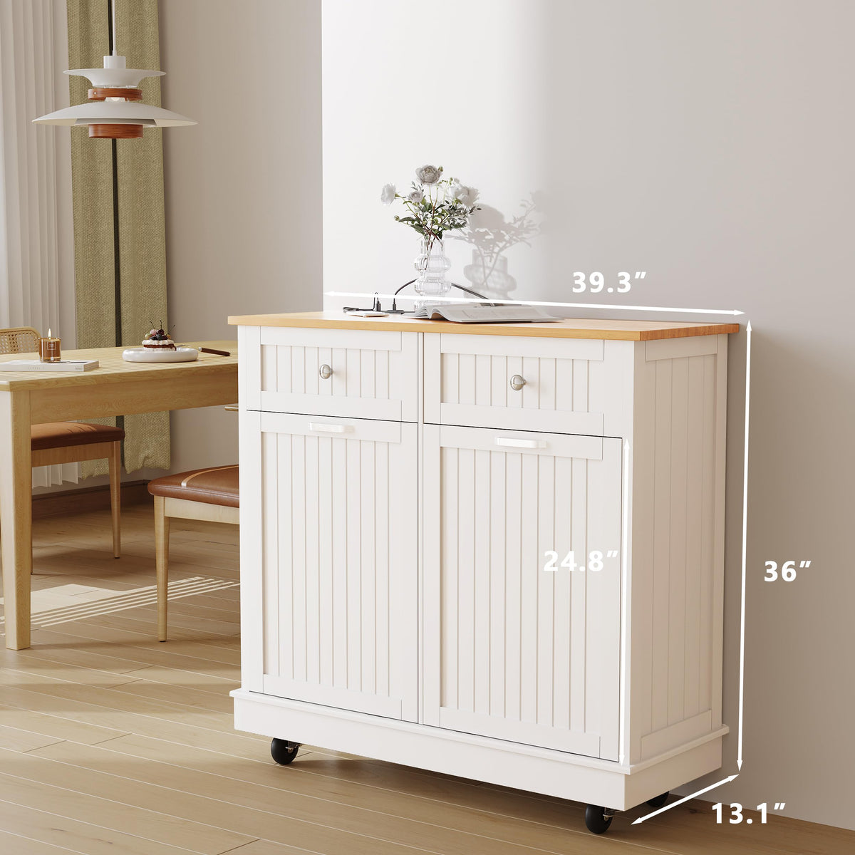 20 Gallon Wooden Tilt-Out Trash Can Cabinet with 2 Drawers, White E767