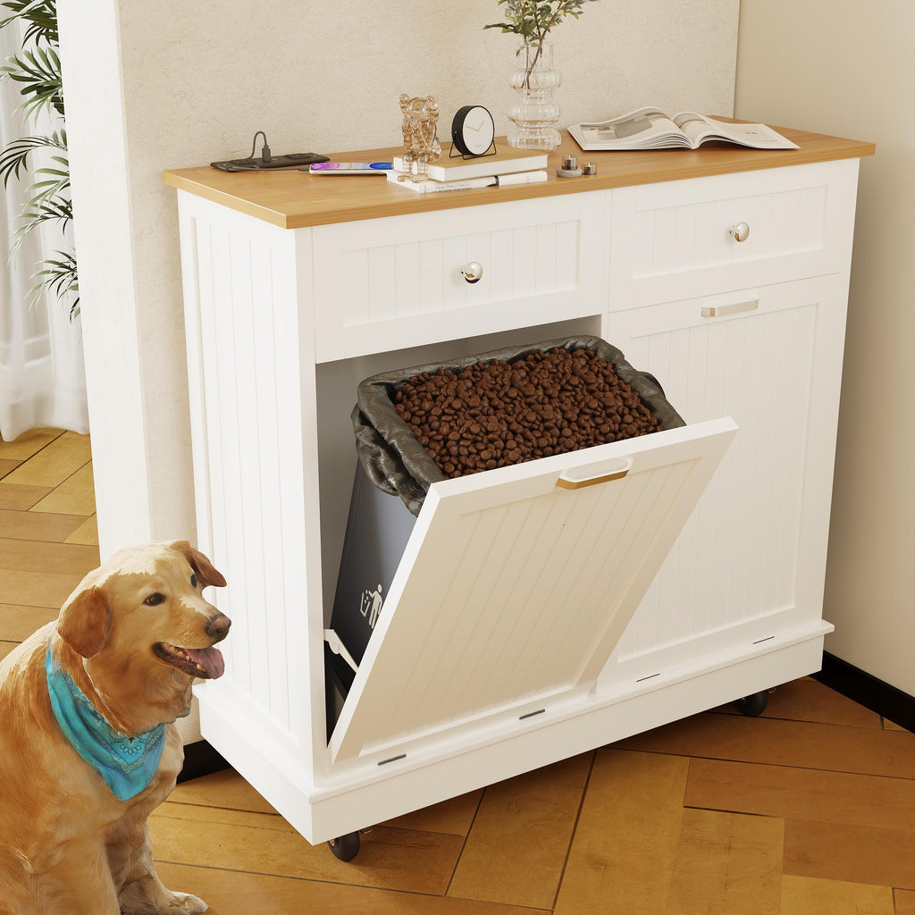 20 Gallon Wooden Tilt-Out Trash Can Cabinet with 2 Drawers, White E767