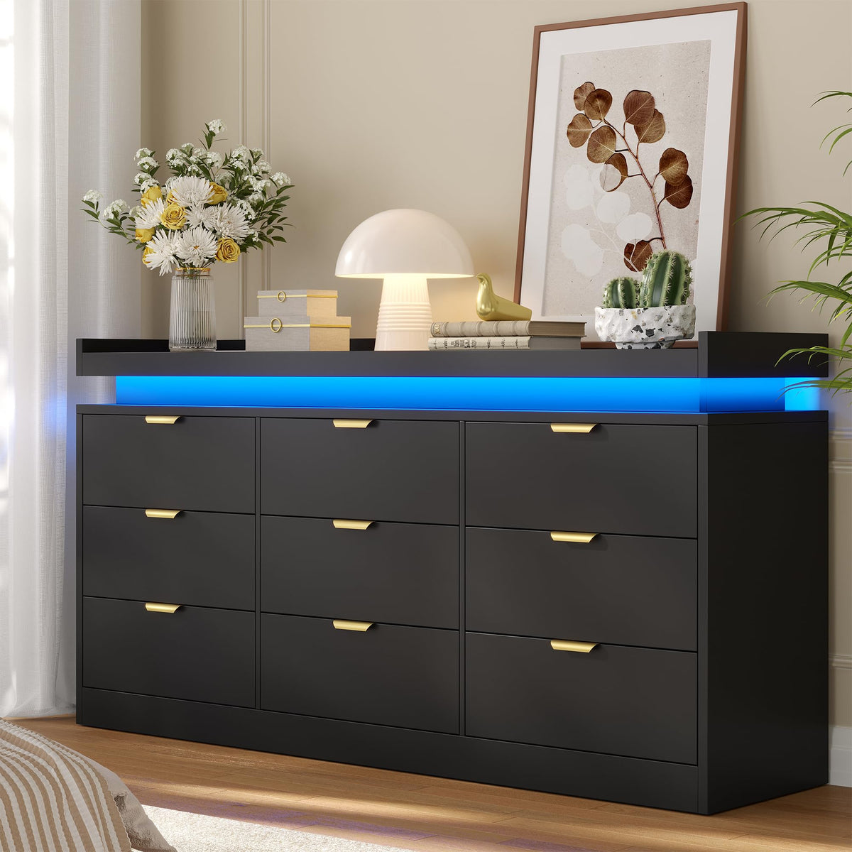 Black 9 Drawer Wood Dresser with LED Lights and Power Outlet E9503