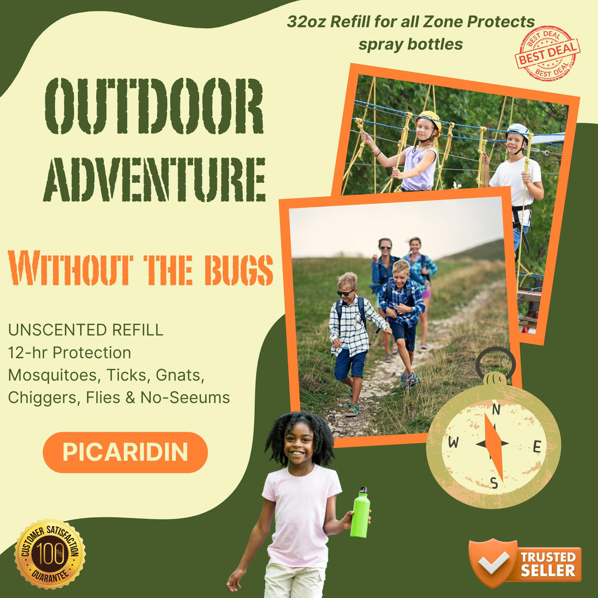Picaridin Insect Repellent Refill, 32oz, 12-Hour DEET-Free Unscented Spray N12998