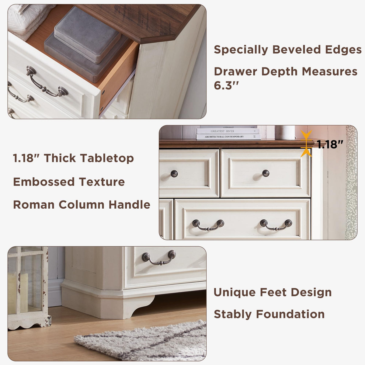 Antique White 5 Drawer Wood Dresser S7990