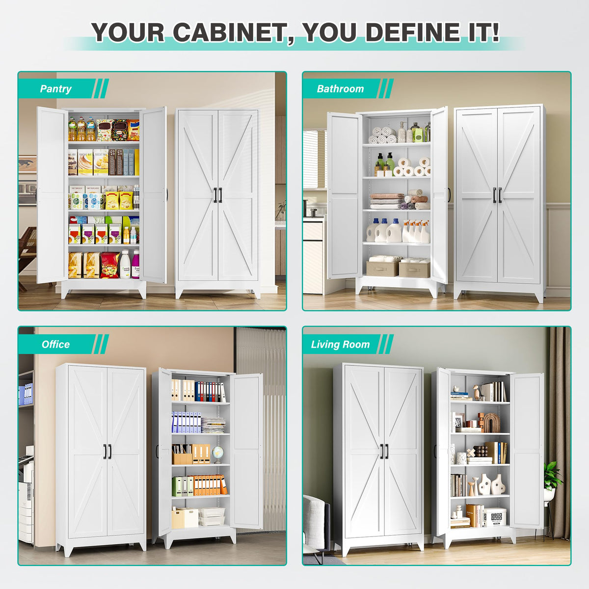 75" Tall White Metal Pantry Cabinet with 2 Doors and 5 Shelves B73112