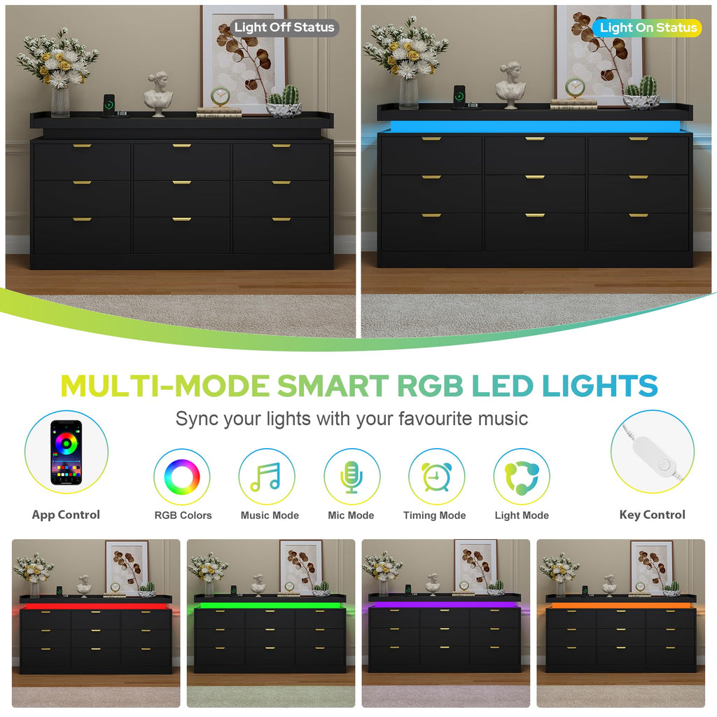 Black 9 Drawer Wood Dresser with LED Lights and Power Outlet E9503