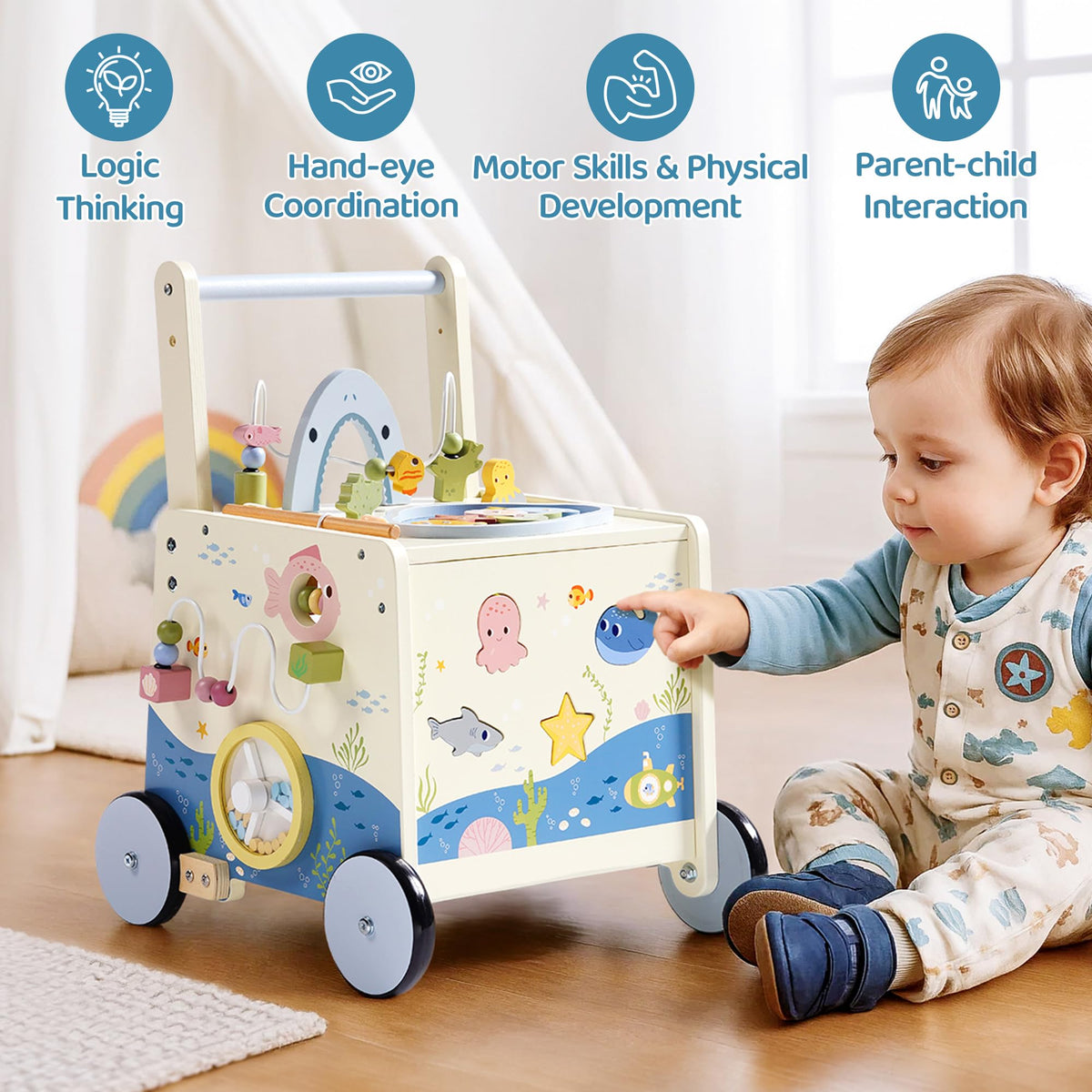 Wooden Baby Walker Push Toy with Fishing Game, Music, Storage W341