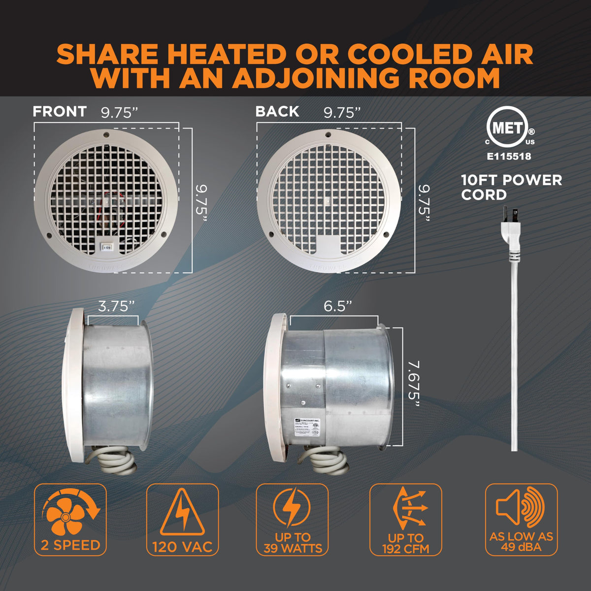 ThruWall Transfer Fan, 200-440 Sq Ft, 10-Ft Cord, 2-Speed D663843