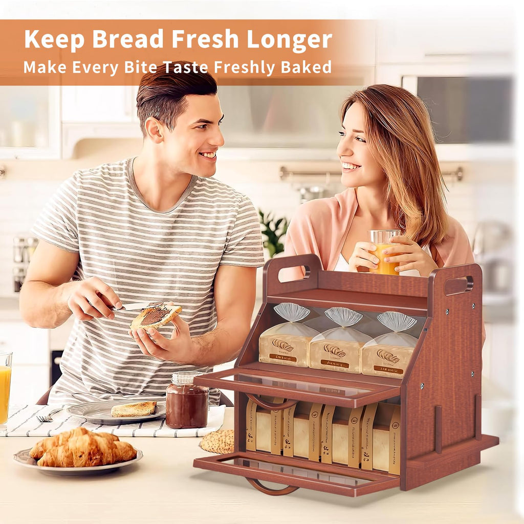 Large Double Layer Bamboo Bread Box with Clear Window B365884