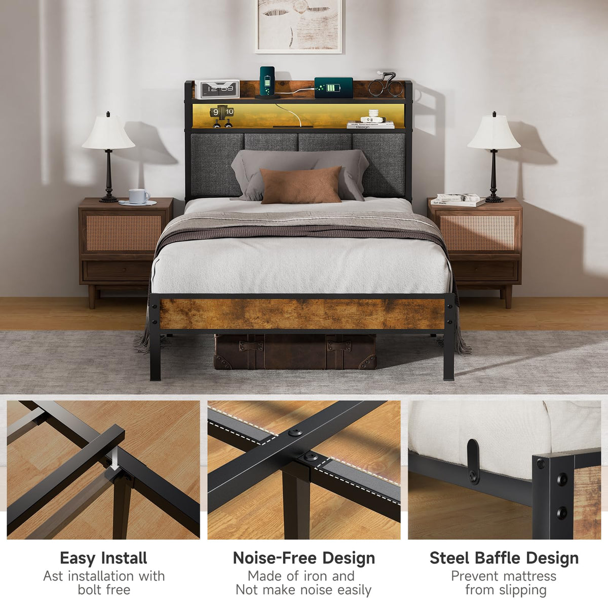 Twin Bed Frame with Upholstered Headboard Z5873