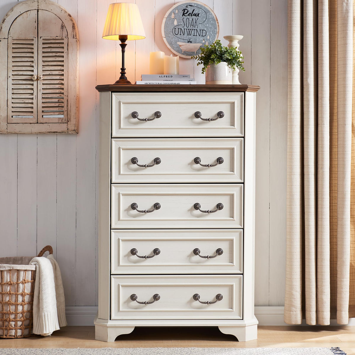 Antique White 5 Drawer Wood Dresser S7990
