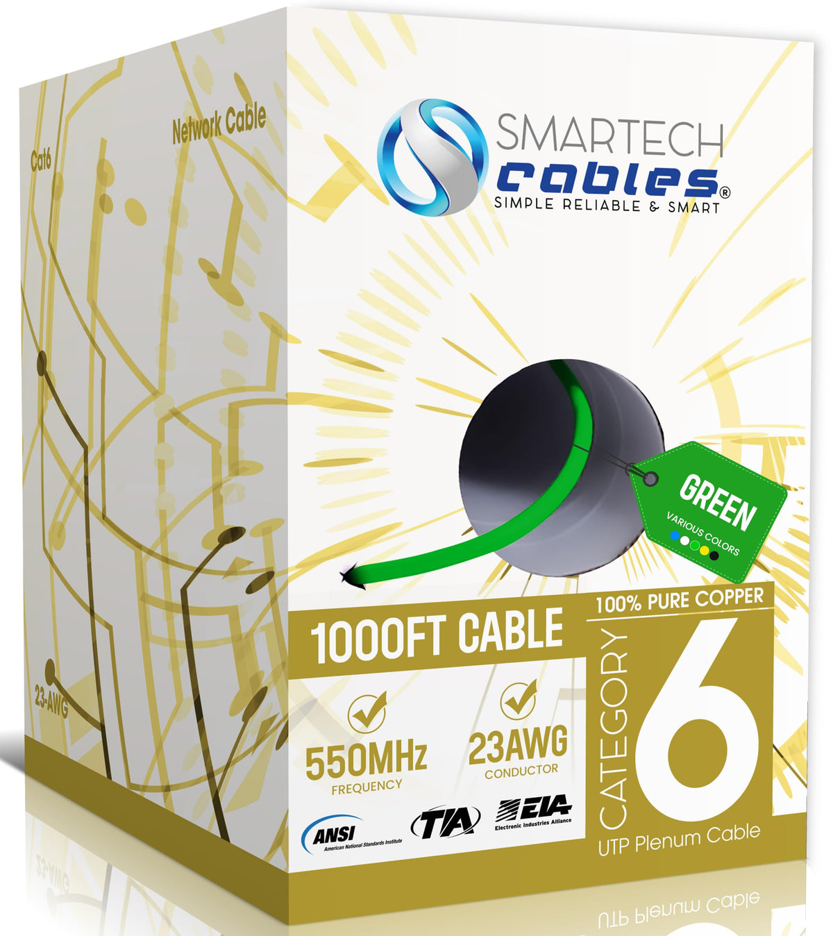 Cat 6 Plenum Cable 1000ft Solid Bare Copper 23AWG UTP Green H61449