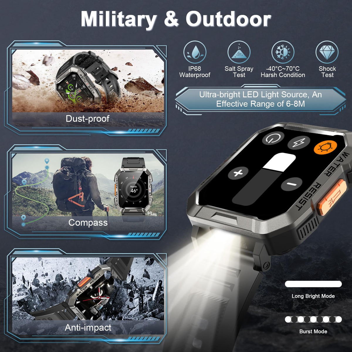 Smart Watch with Flashlight Compass Heart Rate SpO2 Sleep Monitor 2 Straps D4904