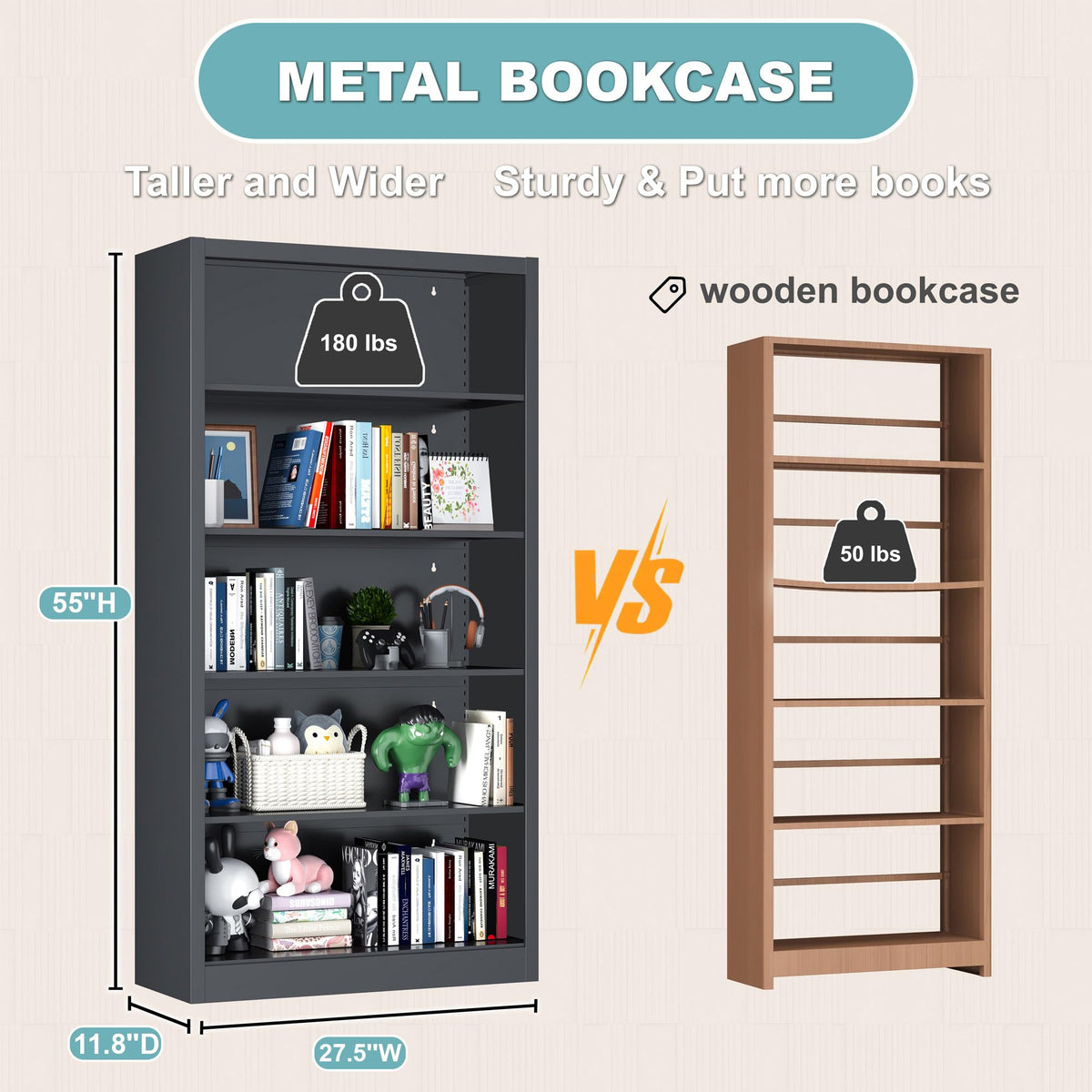 5 Tier Black Metal Bookcase with Adjustable Shelves X631884