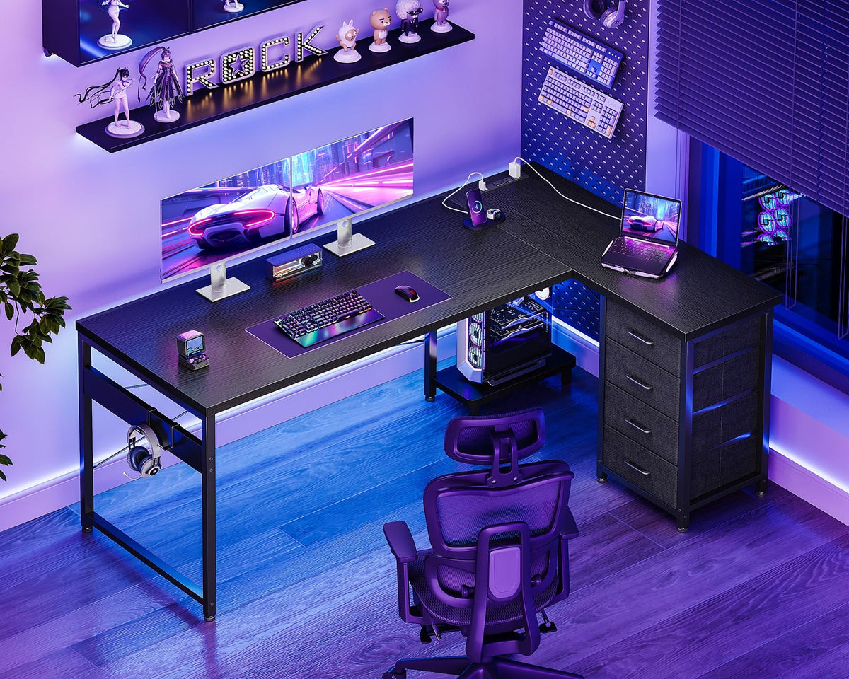 61" L Shaped Gaming Desk with 4 Drawers and Power Outlets, Black K912894