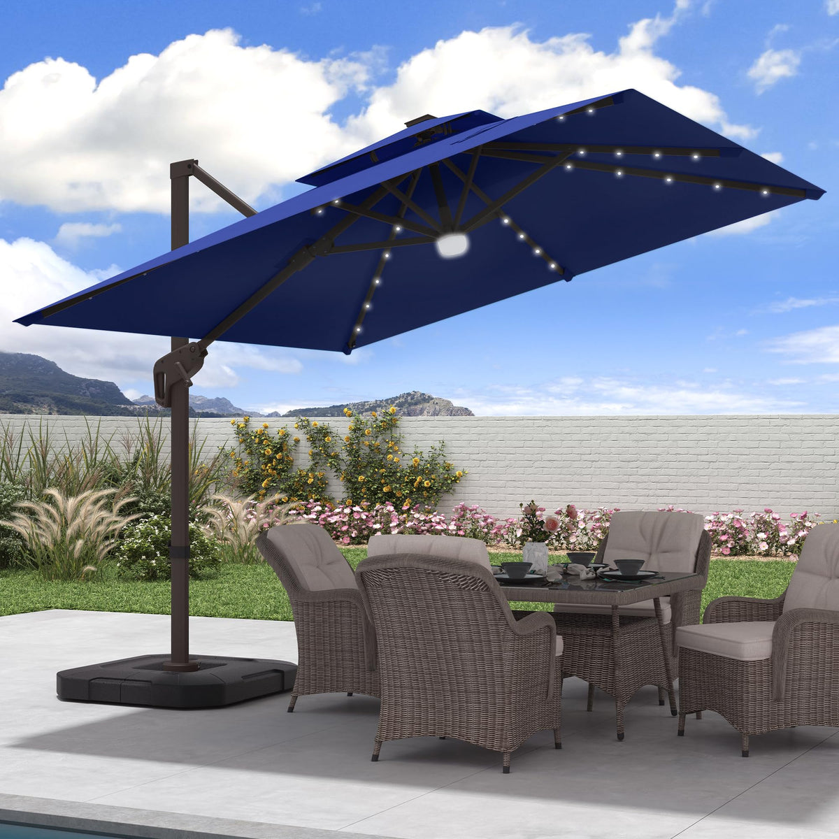 9x9 FT Cantilever Offset Patio Umbrella with Lights & Base R7635