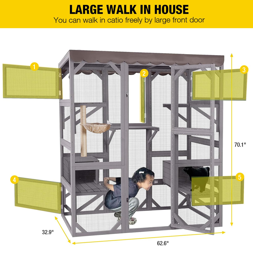 Outdoor Catio Cat Enclosure with 7 Platforms Grey J881