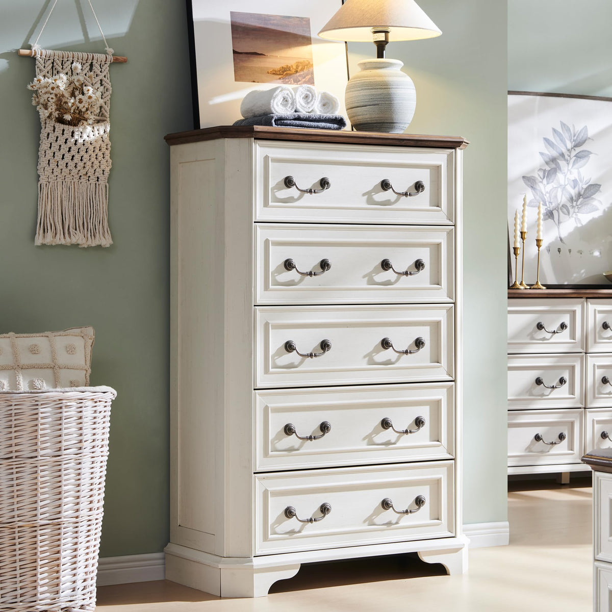 Antique White 5 Drawer Wood Dresser S7990