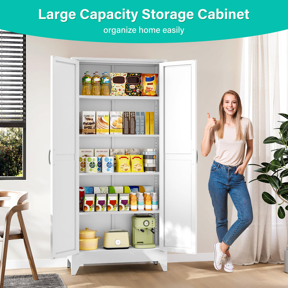 75" Tall White Metal Pantry Cabinet with 2 Doors and 5 Shelves B73112