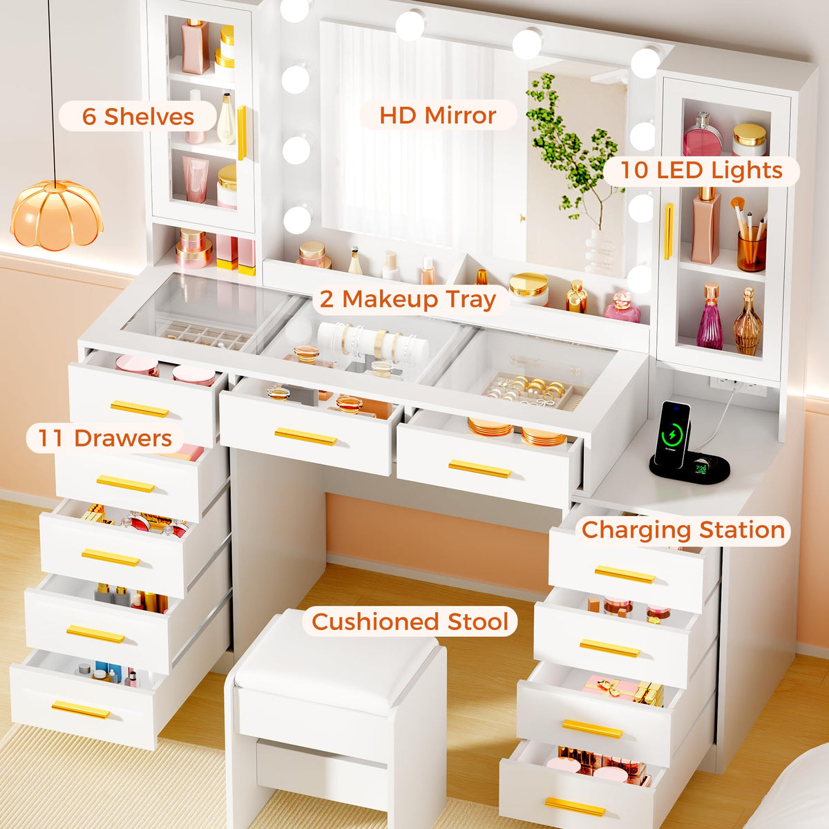 White Glass Top Vanity Desk with Mirror and Lights L604453