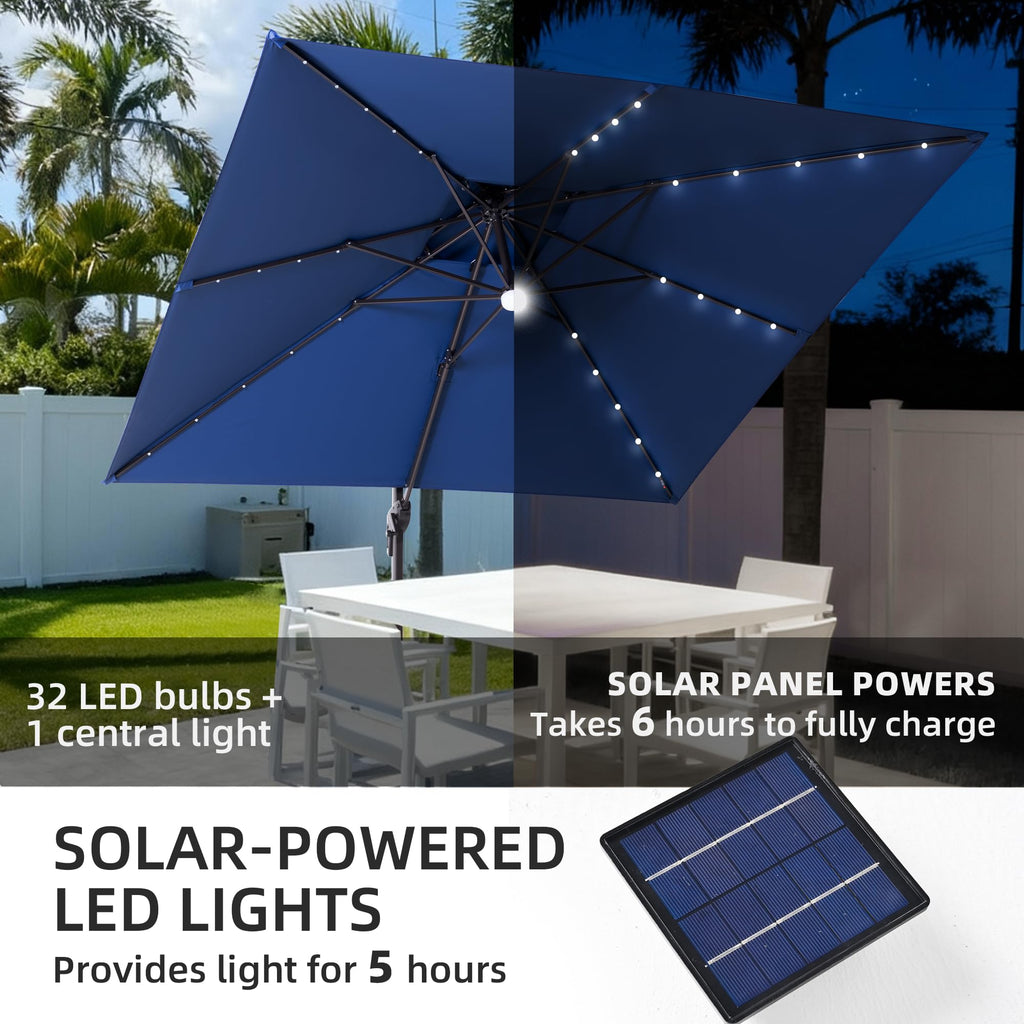 9x9 FT Cantilever Offset Patio Umbrella with Lights & Base R7635