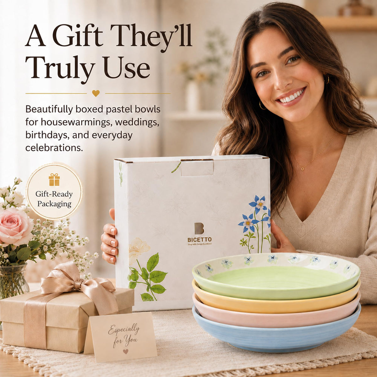 Hand-Painted Floral Ceramic Pasta Bowls Set of 4 C44701