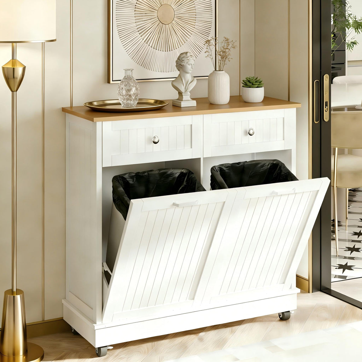 20 Gallon Wooden Tilt-Out Trash Can Cabinet with 2 Drawers, White E767