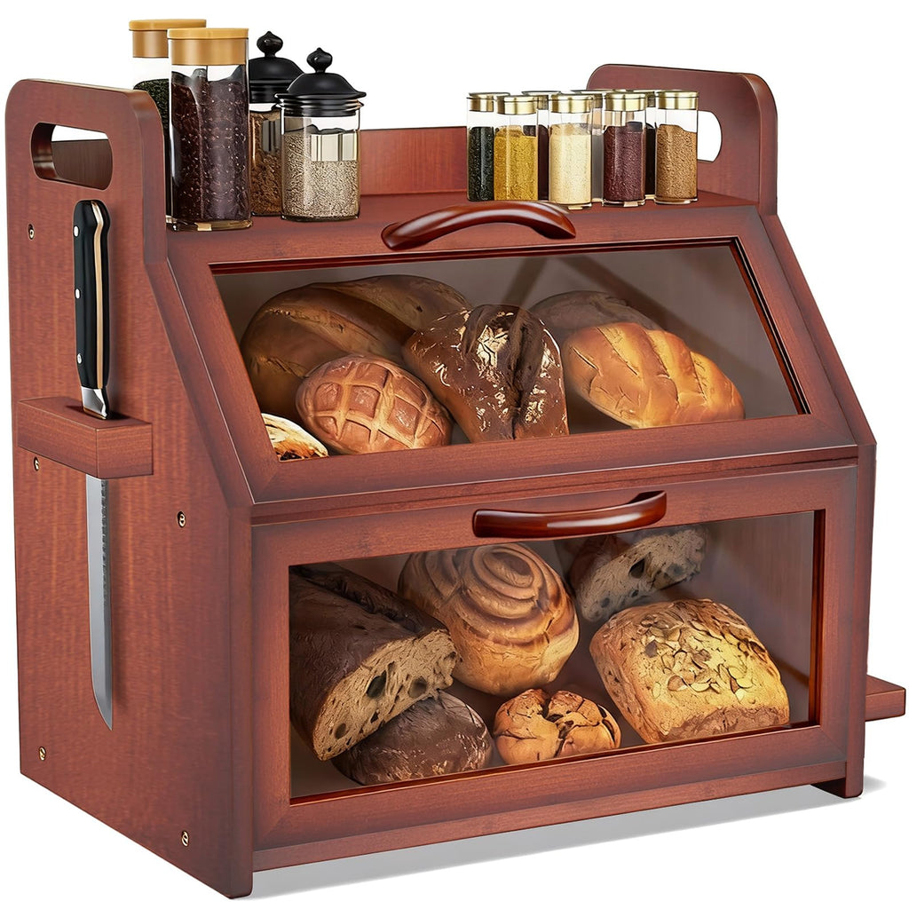 Large Double Layer Bamboo Bread Box with Clear Window B365884