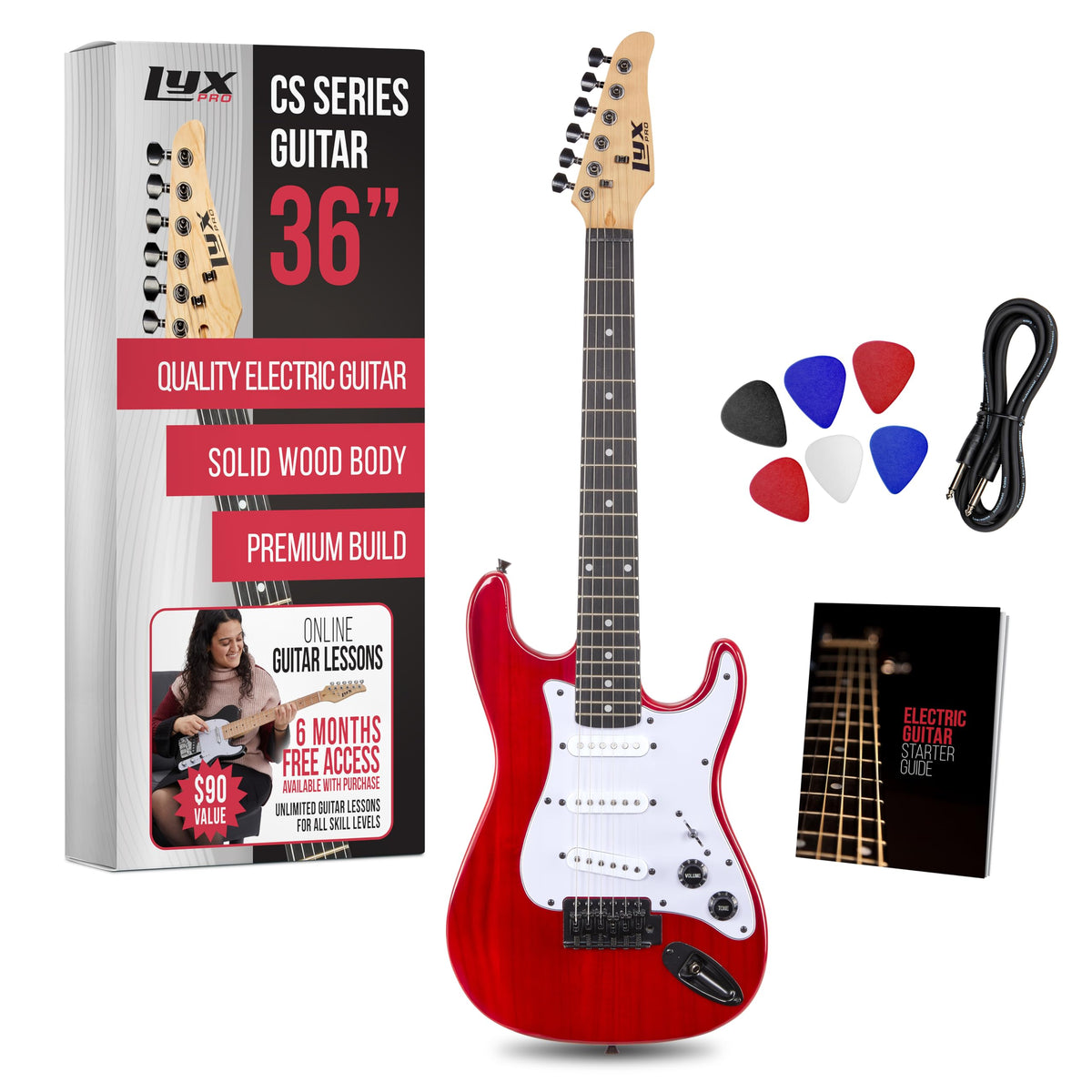 30” Electric Guitar Kit with Amp Cable, 6 Picks, Solid Wood Body, Red F409844
