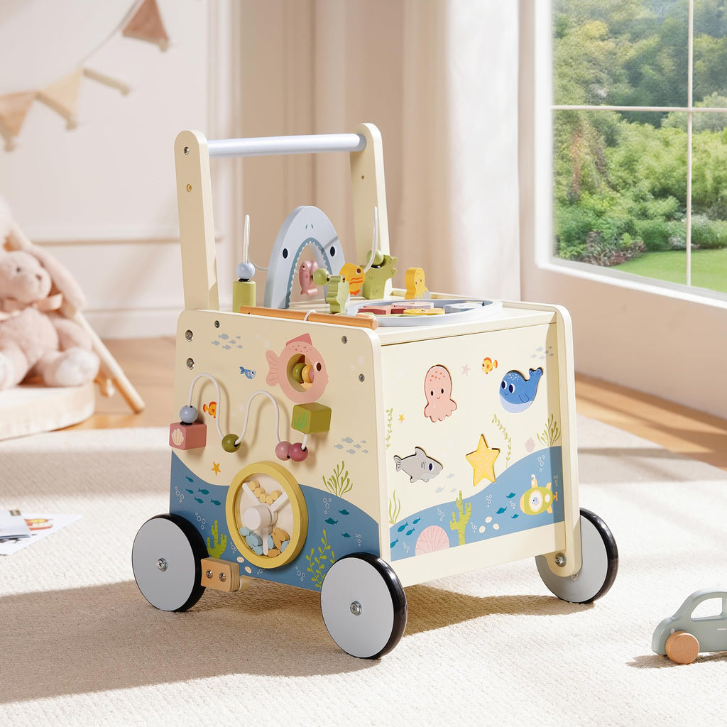 Wooden Baby Walker Push Toy with Fishing Game, Music, Storage W341