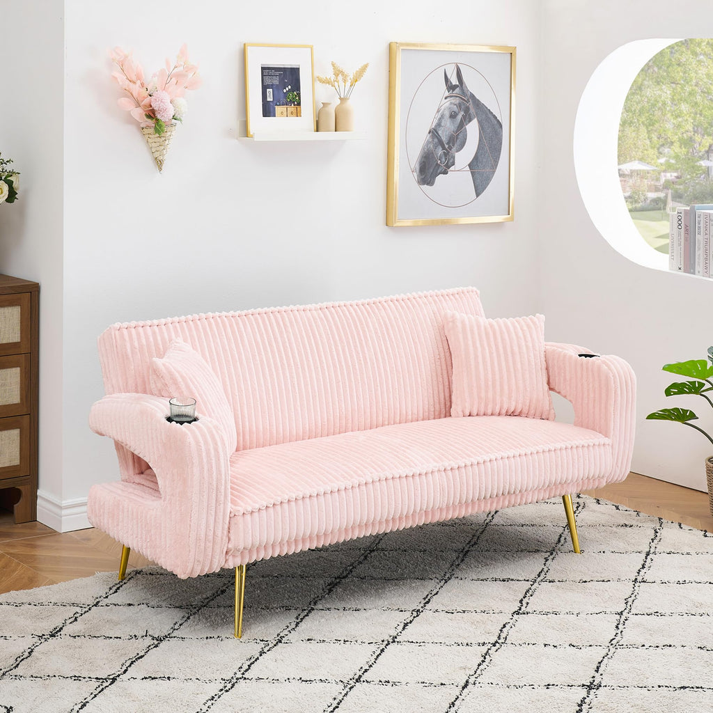 74" Pink Corduroy Convertible Sofa Bed with Cup Holder E184