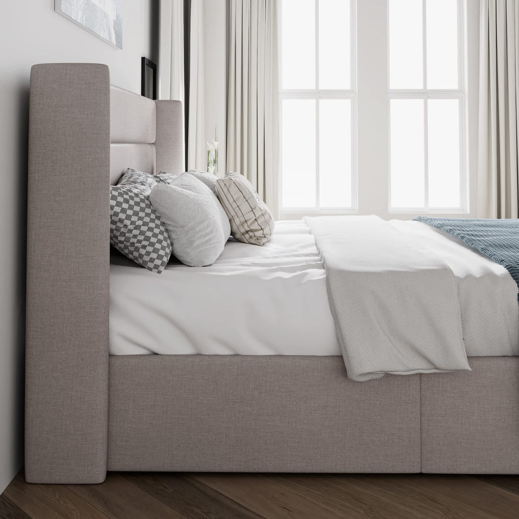 Queen Size Lift Up Hydraulic Storage Bed Frame Light Beige H231