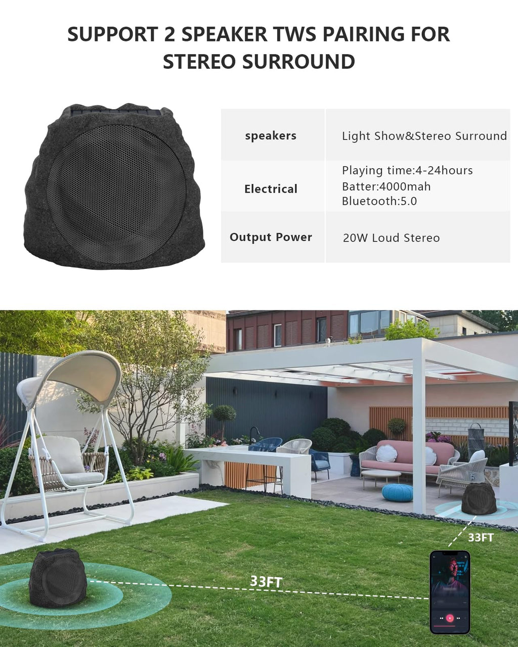 Waterproof Solar Powered Rechargeable Bluetooth Outdoor Speakers V114