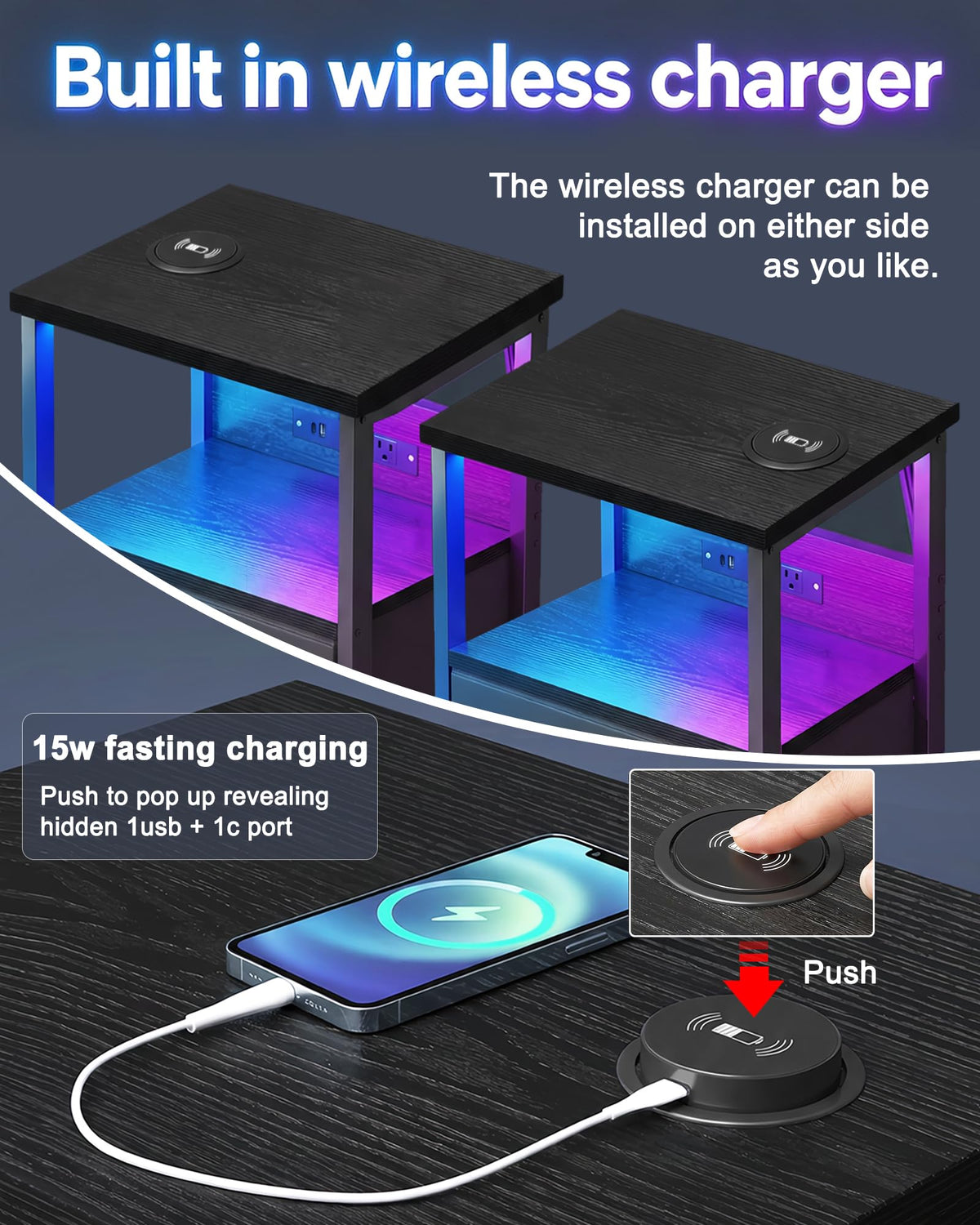 Black Smart Nightstand with Wireless Charging S8016