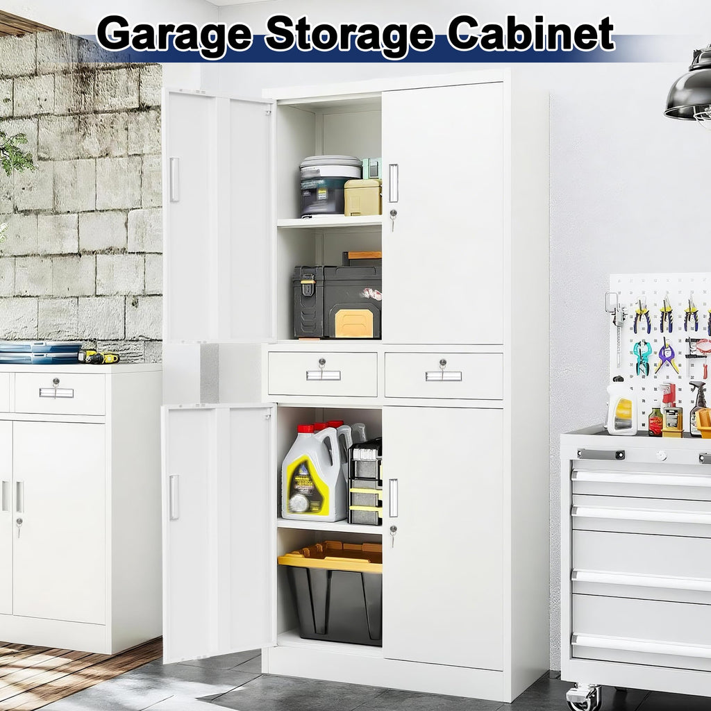 White Metal Storage Cabinet with 2 Drawers 4 Doors and Lock F266
