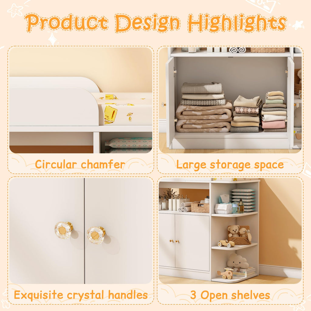 White Wood Changing Table Dresser with Cabinet P998
