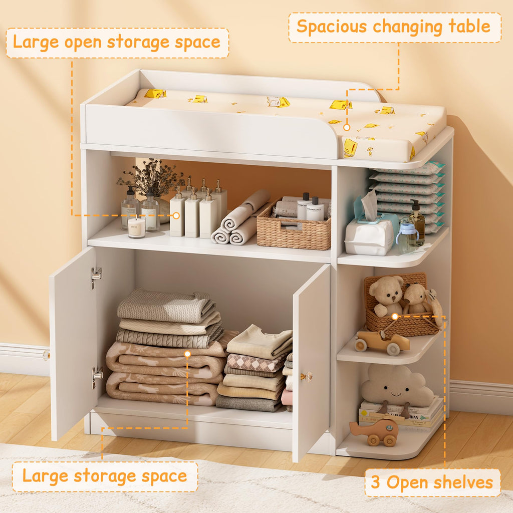 White Wood Changing Table Dresser with Cabinet P998