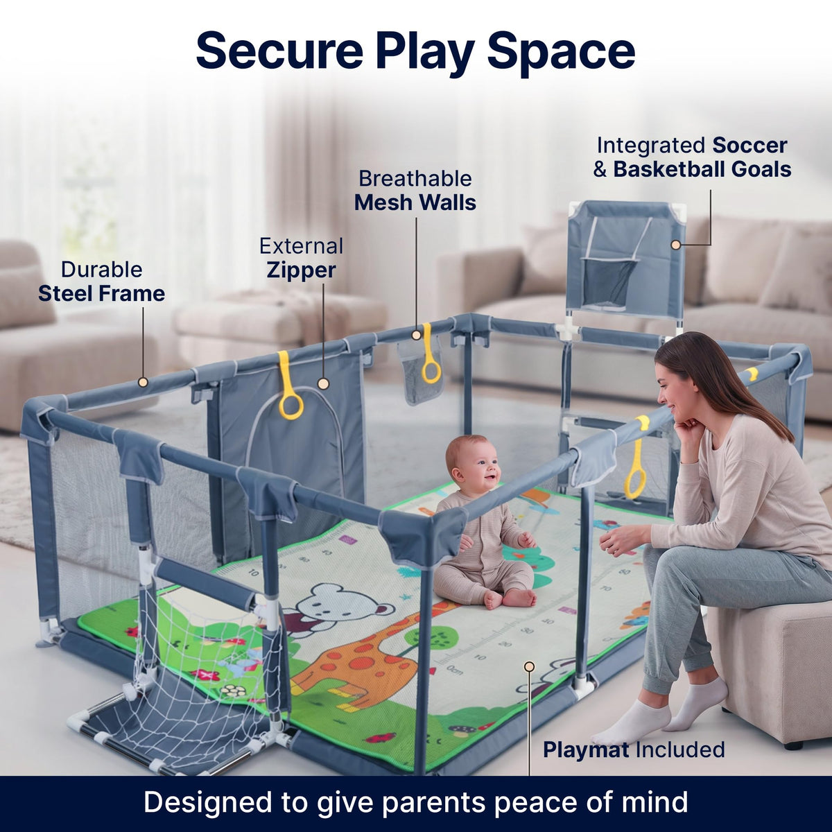 Large Baby Playpen with Foldable Mat, Basketball Hoop, Soccer Nets, 20 Balls, 4 Pull-Up Rings L76345