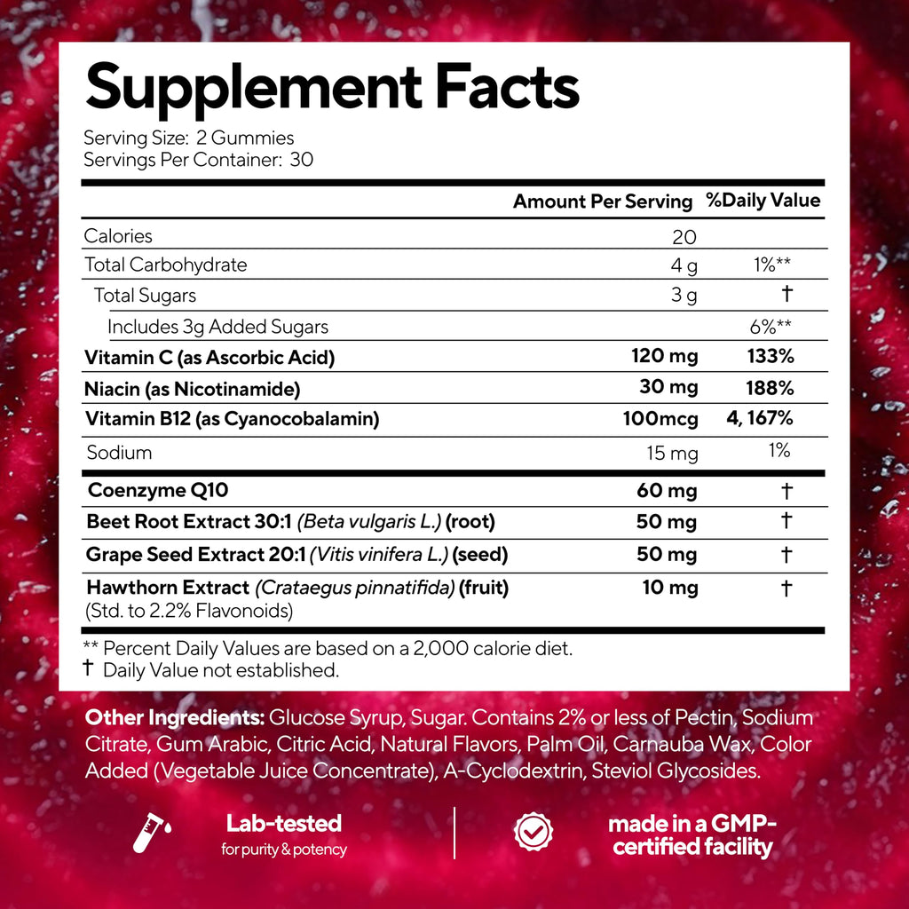 Beet Root Gummies with CoQ10, Grape Seed, Vitamin C, B12 & B3 A595869