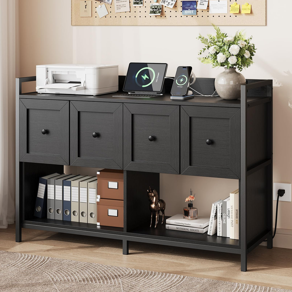 Black 2 Drawer Wood File Cabinet with Power Outlet J748