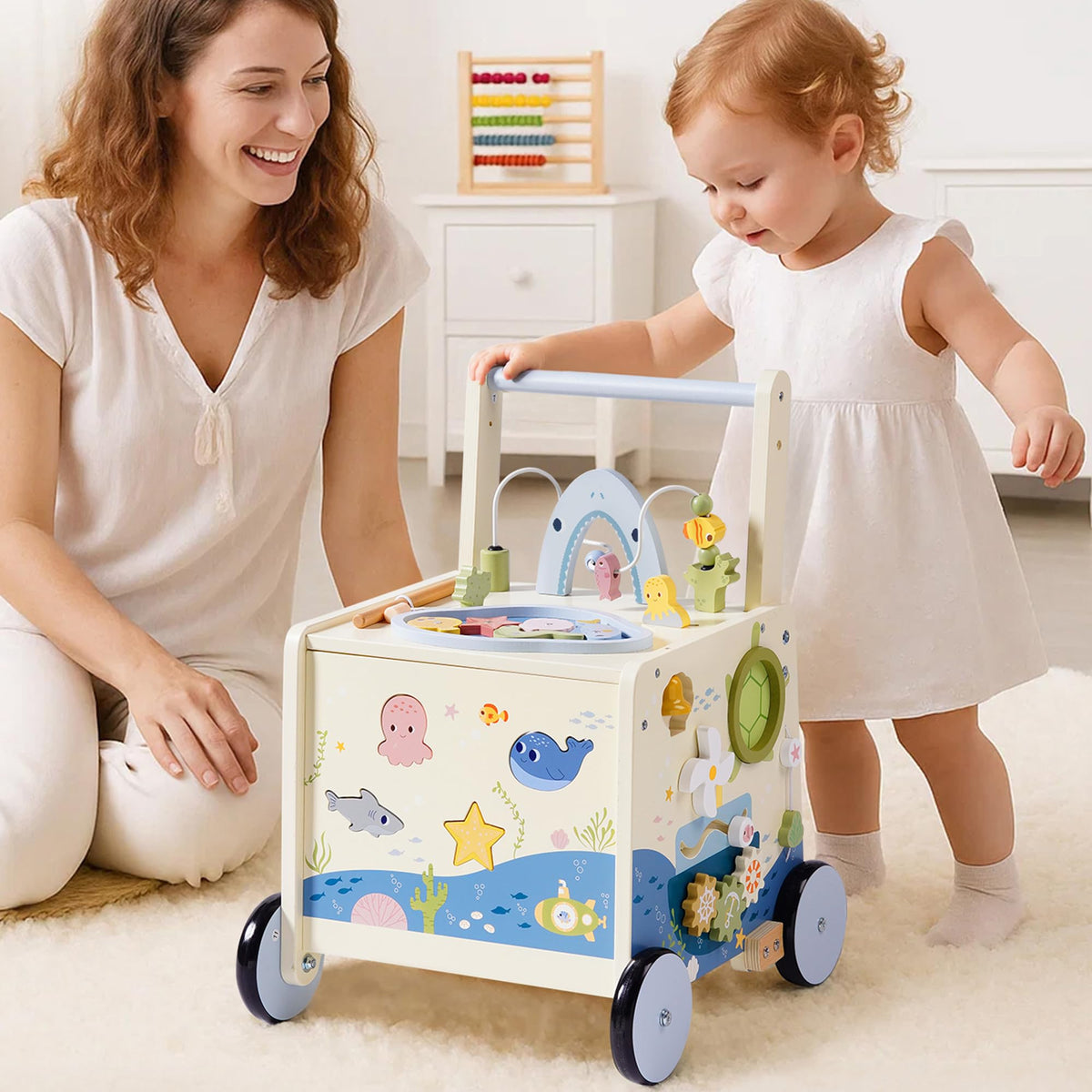 Wooden Baby Walker Push Toy with Fishing Game, Music, Storage W341