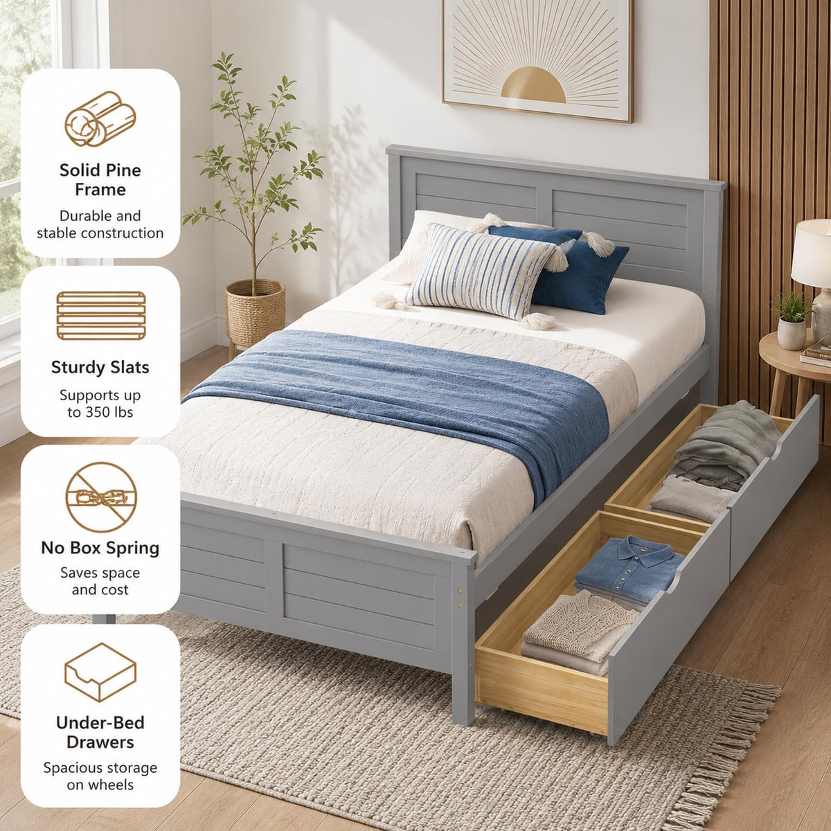 Wood Bed Frame with 2 Drawers & Headboard B480