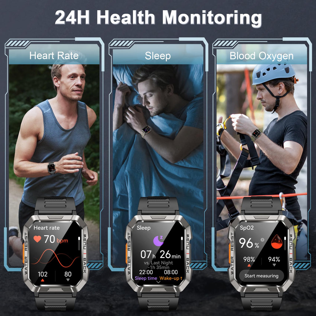 Smart Watch with Flashlight Compass Heart Rate SpO2 Sleep Monitor 2 Straps D4904