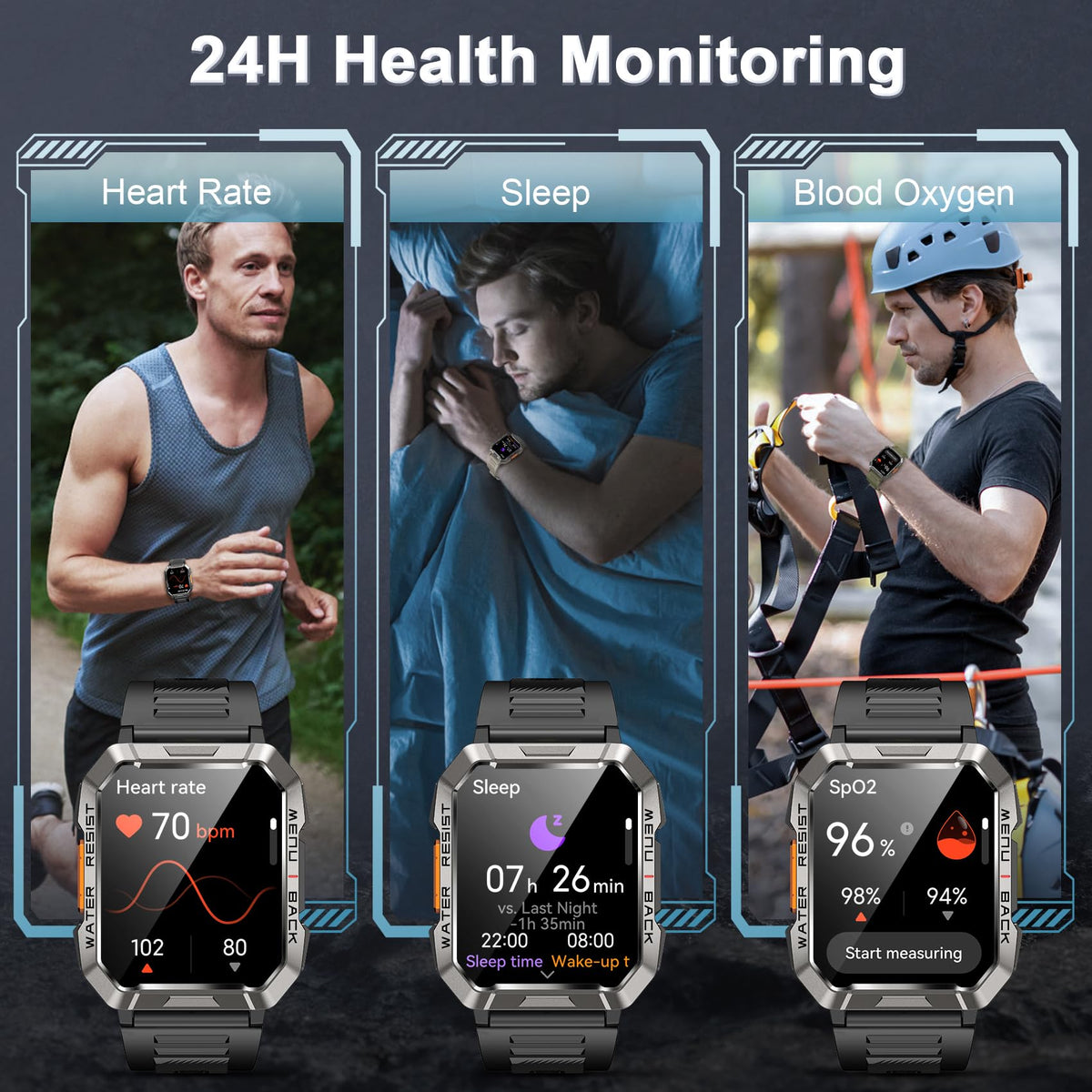 Smart Watch with Flashlight Compass Heart Rate SpO2 Sleep Monitor 2 Straps D4904