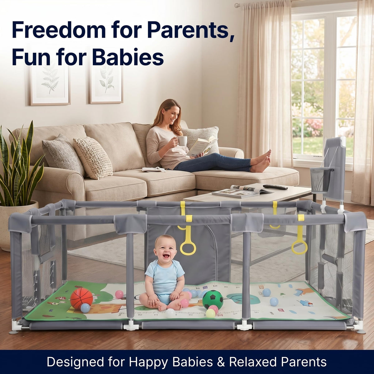 Large Baby Playpen with Foldable Mat, Basketball Hoop, Soccer Nets, 20 Balls, 4 Pull-Up Rings L76345